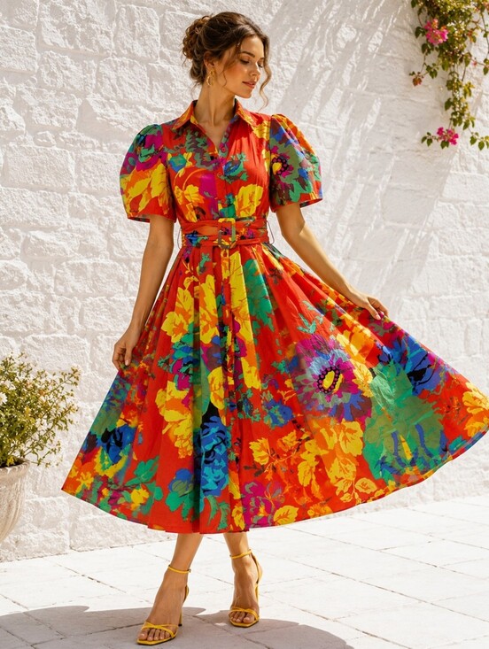 Christopher John Rogers Dresses & Skirts - Christopher John Rogers Floral Puff Sleeve Belted Cotton Poplin Maxi Dress US 8